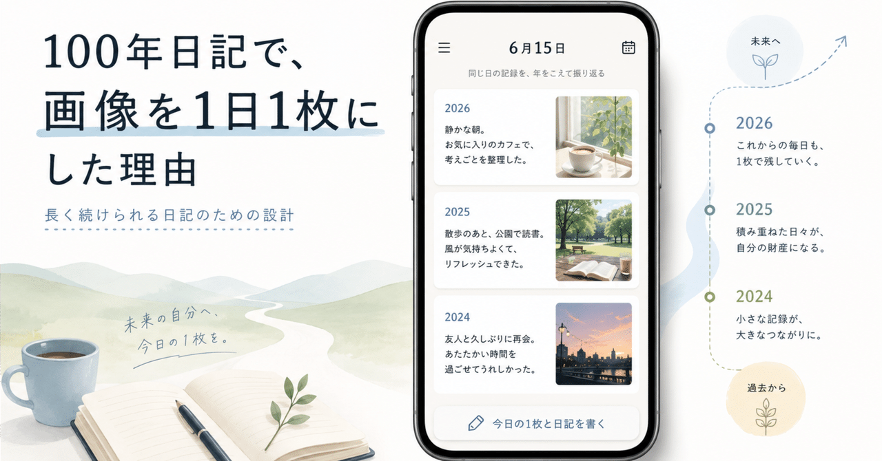 100年日記で画像を1日1枚にした理由を表す、連用日記の画面イメージ